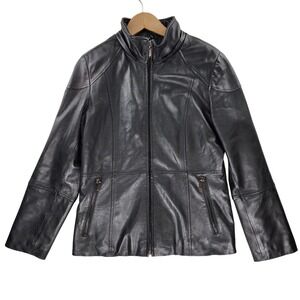 M Collection Leather Jacket Women Small Black Zip Up Stand Collar 100% Leather